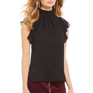 Smocked Neck Flutter Sleeve Blouse